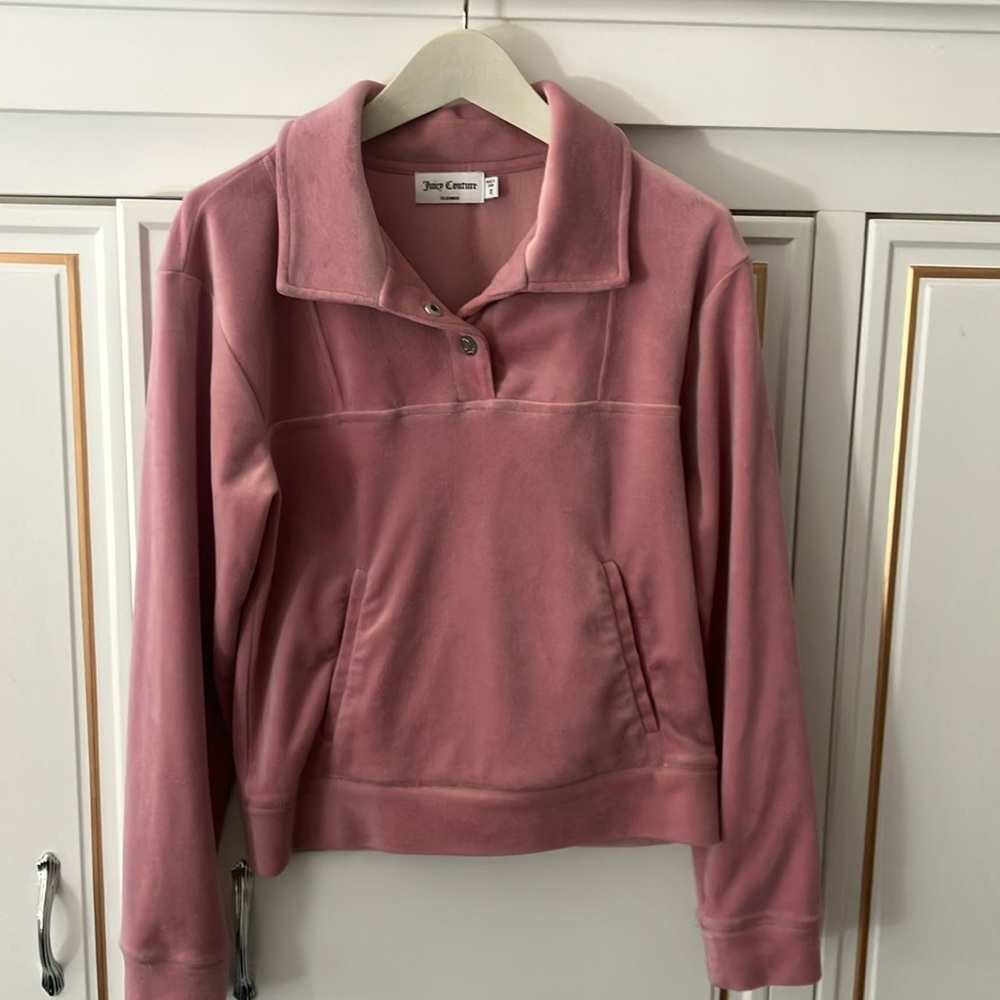 JUICY COUTURE Y2K Dusty Pink Velour Pullover Snap Button Front Collar Size XS